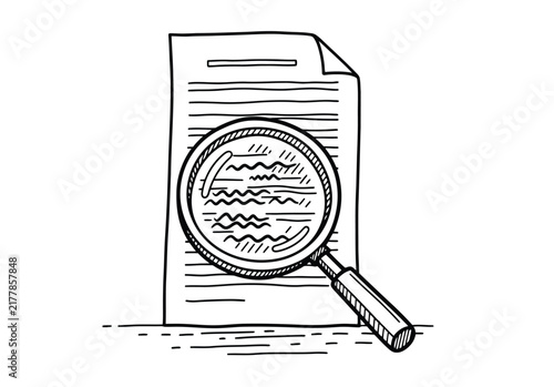 Magnifying glass over document with text. Concept of research, analysis, investigation, scrutiny, and detailed examination.