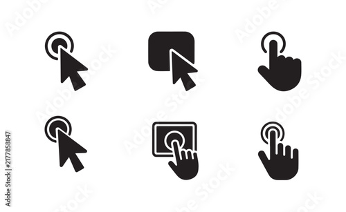 Set of computer cursor pointer and hand finger tap icons for interactive touch screen and desktop application interface.