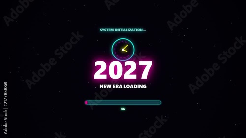 New year 2027 loading animation. Neon new year text animation. New year timer clock icon animation. Loading Overlay with Glowing Segmented Progress Bar Text at Bottom Neon.4k animation