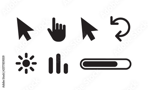 Selection of computer cursor hand gesture and loading progress bar icons for web development and software interface use.