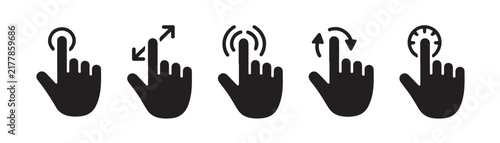 Advanced touch screen gesture hand icon set for complex mobile interface interactions and zoom rotate swipe movements.