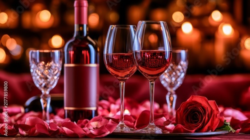 Elegant Red Wine Setup with Roses and Romantic Atmosphere for Special Occasions