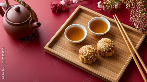 Elegant Mid-Autumn Festival Flat Lay with Traditional Tea and Mooncakes on Wooden Tray