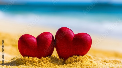 Romantic Red Hearts on Seaside Sand with Ocean Background for Love and Relationship Themes
