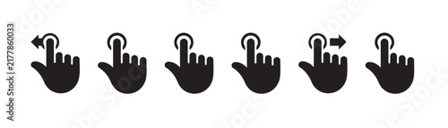Black hand gesture icons for swipe, tap, and touch actions on mobile interfaces and digital screens.