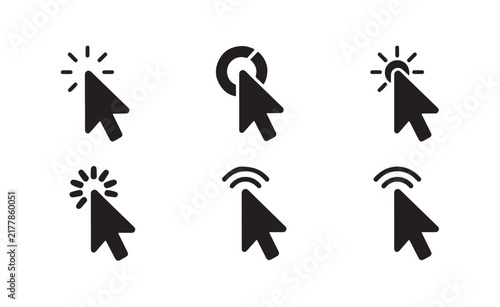 Black mouse cursor icons with click, select, and active states for user interface navigation.