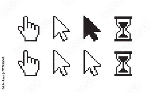 Pixelated hand and arrow mouse cursors with hourglass icon for computer interface and waiting states.