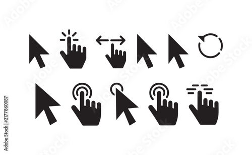 Computer cursor icons collection representing user interface actions like clicking selecting and scrolling on grey background.