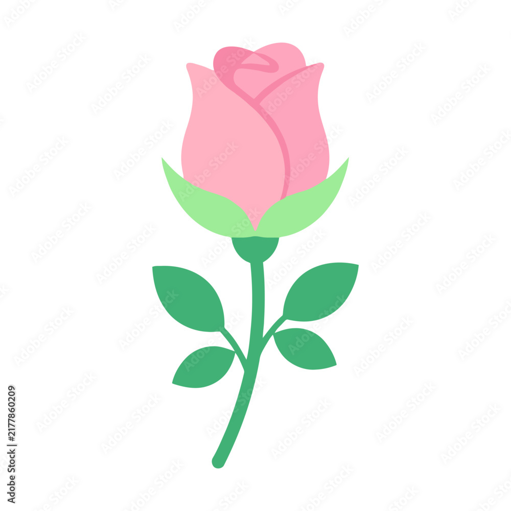 Obraz premium Cute pink rose flower icon with green leaves flat vector illustration for romantic design Vector