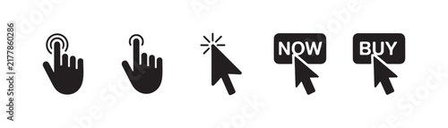 Black mouse pointer arrow and hand click icons with buy now buttons on transparent background for online shopping websites.