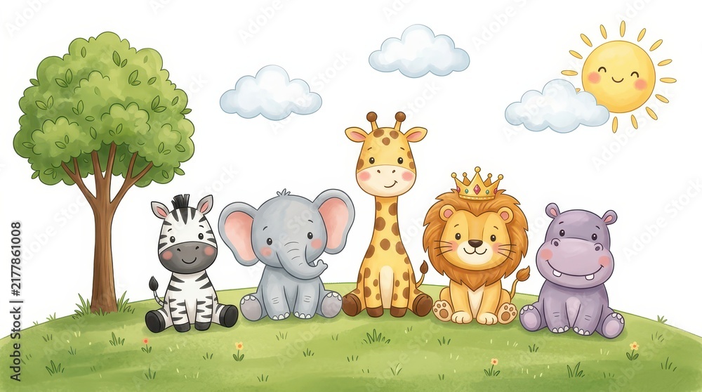 Obraz premium Cute Safari Animals Illustration with Lion, Elephant, Giraffe, Zebra and Hippo in a Sunny Landscape for Nursery Decor