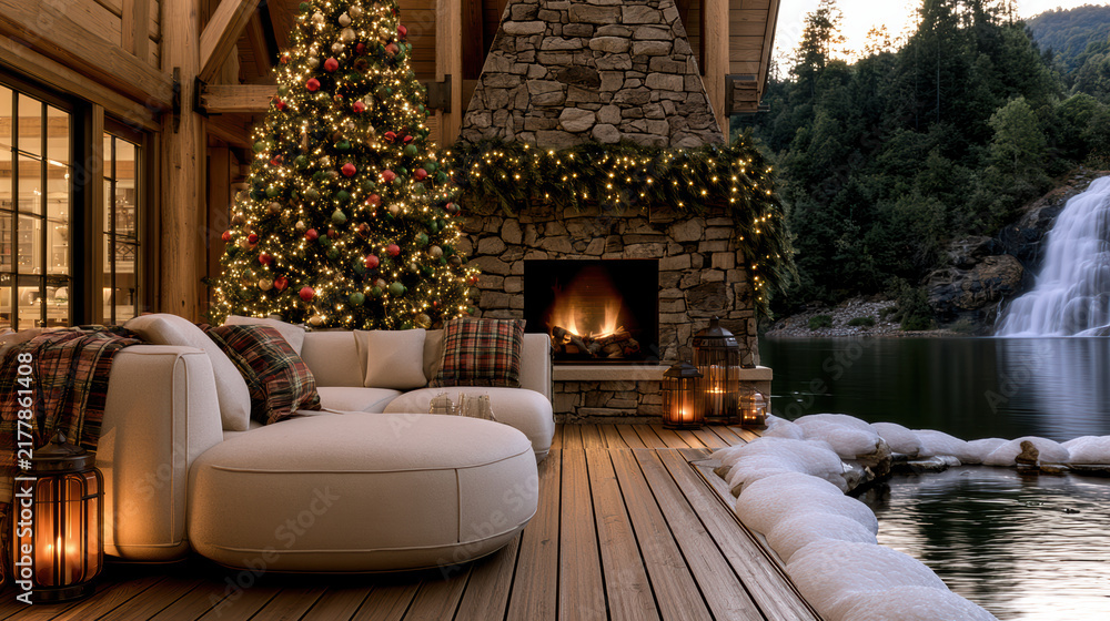 Obraz premium Luxurious Christmas forest cabin with cozy fireplace, decorated tree, wooden deck, and lake view, warm festive atmosphere