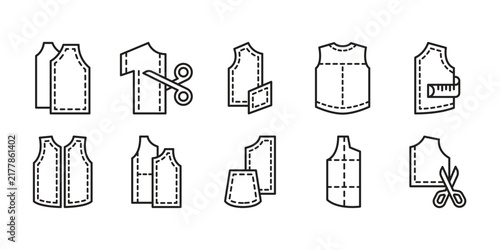 Sewing Pattern and Tailoring Tools Outline Icon Set.
