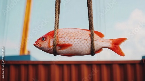 A red fish is suspended by ropes as if being lifted or transported against an industrial backdrop with a container and crane.