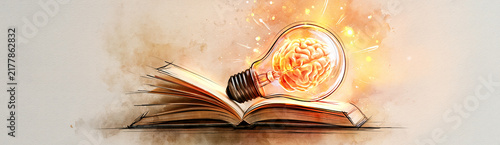 A glowing lightbulb with a brain inside rests on an open book, symbolizing creativity, knowledge, and innovative thinking.
