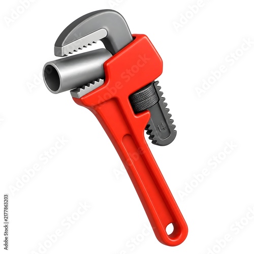 Pipe Wrench + Metal Pipe 3d rendering isolated on white background plastic style icon