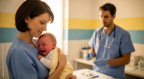 Mother comforts crying newborn baby in hospital with doctor in background