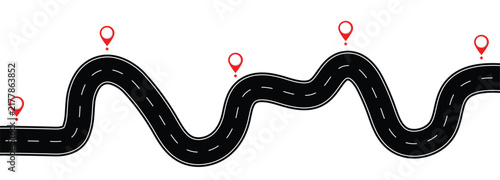 Business roadmap timeline infographic. Winding road with multiple red location pins marking the path towards a red destination pin, illustrating journey and progress. vector