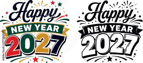 New year 2027 festive badge collection with fireworks and banner for holiday labels and print art.