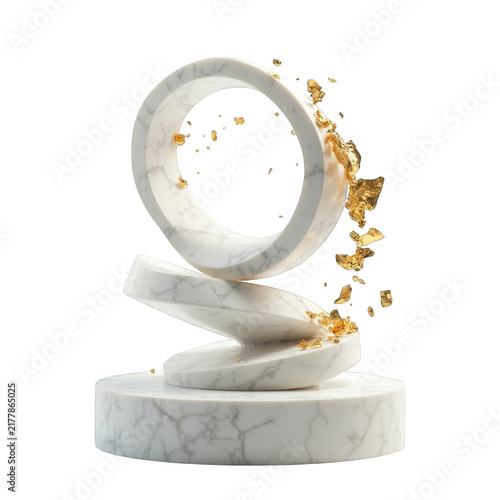 White marble abstract rings sculpture with exploding gold glitter on transparent background, isolated