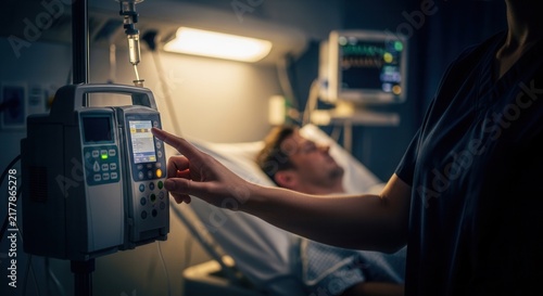 Nurse adjusting IV pump near patient in hospital room, with vital signs monitor in background