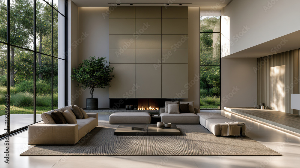 Obraz premium Minimalist living room with beige sofa, large windows, modern fireplace, neutral tones, natural light, and serene atmosphere