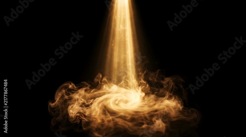 Golden cosmic light beam emerging from dark nebula clouds