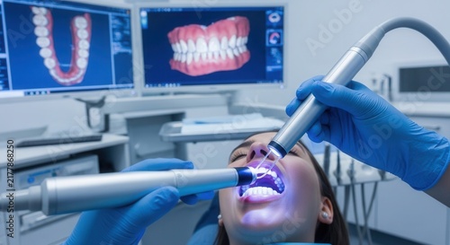 Modern Dental Clinic: Dentist Uses Advanced Technology for Patient Treatment with 3D Scan Display