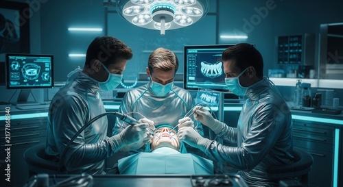 Modern Dental Surgery: Team of Dentists Performing Advanced Procedure with Futuristic Technology and Monitors