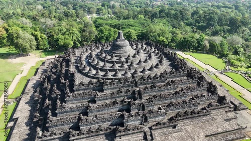 Aerial view of Borobudur Temple the worlds largest Buddhist stupa and 9th century temple complex in Java Indonesia
