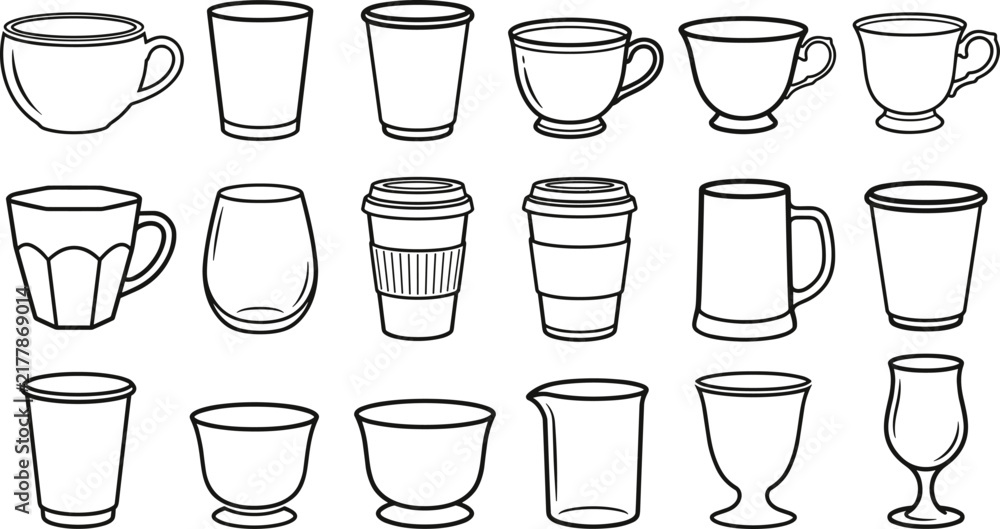 Obraz premium Coffee Cup and Beverage Glass Outline Vector Icon Set with Teacups, Mugs, Tumblers, and Drinkware Line Art Templates for Cafe Menus and Kitchenware Designs