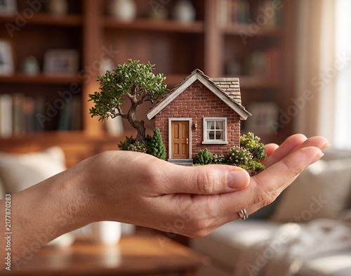 Close-up of a hand gently holding a detailed miniature brick house with a small green tree. Ideal for real estate, home mortgage, property insurance, and cozy homeownership concepts.