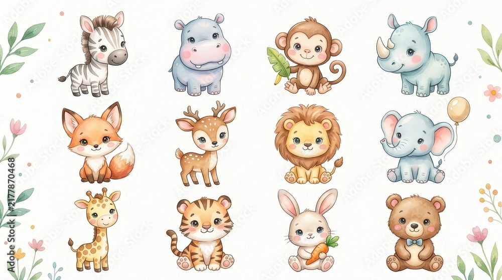 Fototapeta premium Cute Watercolor Baby Animals Collection for Nursery Decor - Set of 12 Safari and Forest Creatures Illustrations
