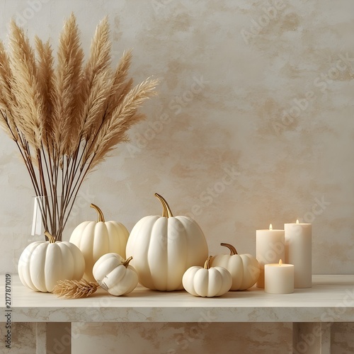 Minimalist Autumn Interior Decor with White Pumpkins Pampas Grass and Lit Candles on a Wooden Table