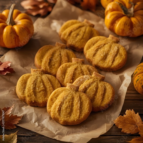Homemade pumpkin-shaped cookies, spiced for autumn, arranged on parchment paper with decorative gourds and fall leaves, a cozy delightful harvest treat