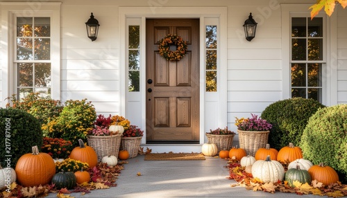 Warm and inviting autumn front porch decorated with an abundance of colorful pumpkins, gourds, and fall leaves, creating a cozy and festive home entrance scene