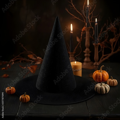 Mystical Halloween Still Life with Black Witch Hat, Small Orange Pumpkins and Glowing Candles on Dark Table