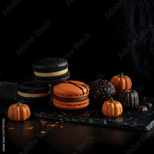 Halloween themed macarons and chocolates with pumpkins and fall sprinkles on dark slate surface