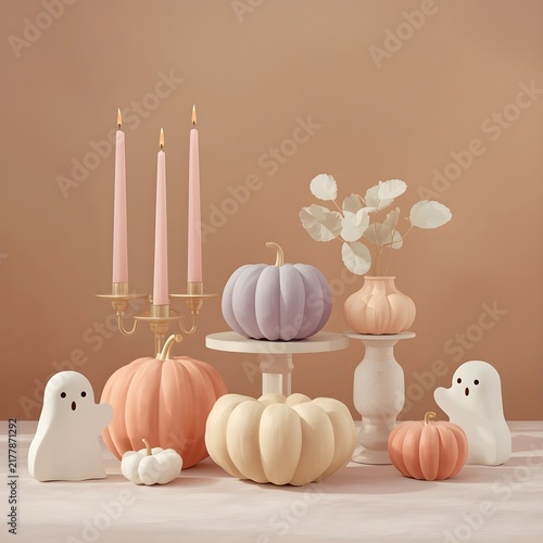 Pastel Halloween home decor with ceramic pumpkins cute ghosts and candleholder on table