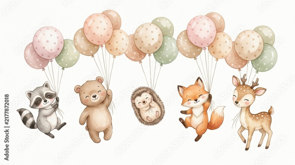 Obraz premium Cute Watercolor Forest Animals Floating with Balloons - Raccoon, Bear, Hedgehog, Fox, and Deer Nursery Illustration