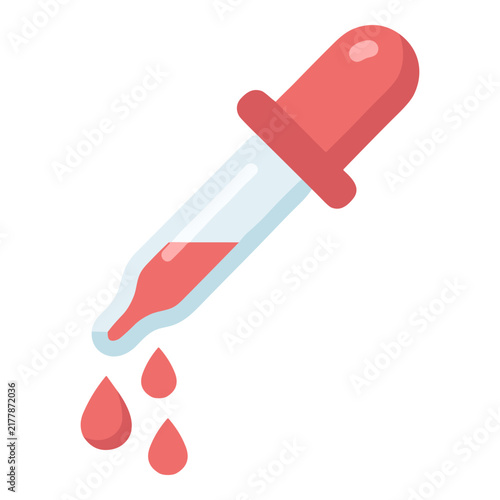 Red dropper with red liquid and falling drops scientific illustration