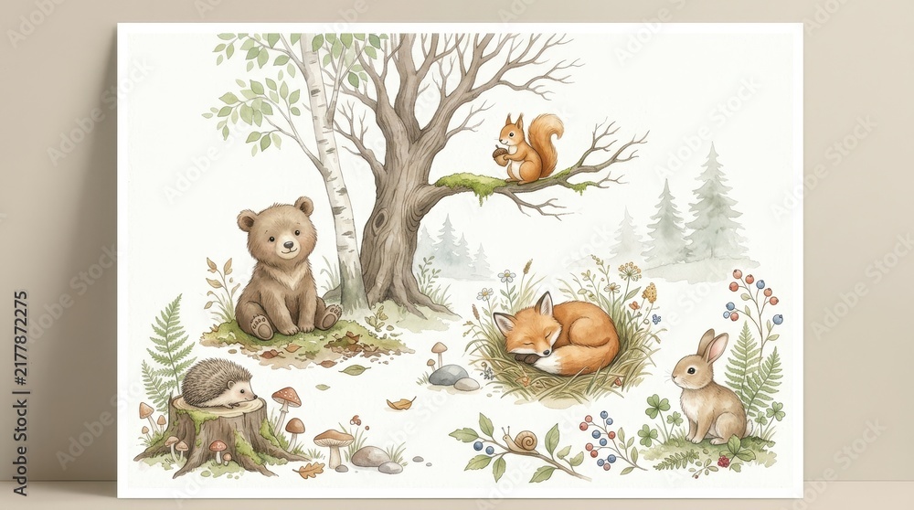 Fototapeta premium Woodland Animals Watercolor Illustration Set with Bear Fox Squirrel Rabbit and Hedgehog in Forest Setting