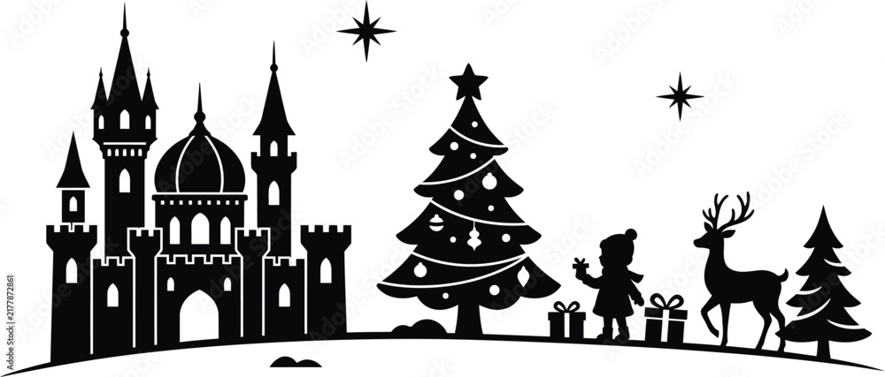Fototapeta premium Castle christmas tree and reindeer silhouette against a white background depicts a winter scene fortress