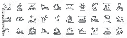 Industrial Robotics Automation icon set. Smart Robotic Systems, Automated Robotic Manufacturing, Factory Robot Technology symbols icons collection. Vector illustration 