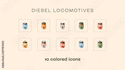 Diesel locomotives. Front view. A set of 10 detailed icons in different color options