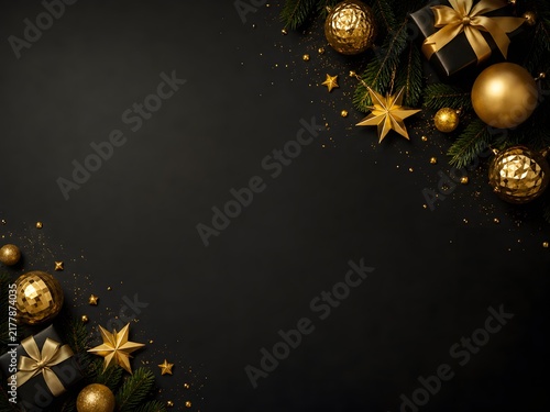 黒背景にゴールドのオーナメントとギフトを飾った豪華なクリスマス背景