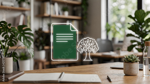 Conservation management technology illustration featuring environmental planning documents and protected tree symbols for sustainable resource management