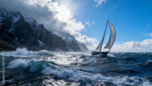 Sailboat navigating rough seas near snow-capped mountains under a partly cloudy sky