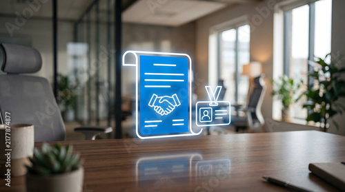 Digital employment contract technology illustration showing agreement documents and employee identification management