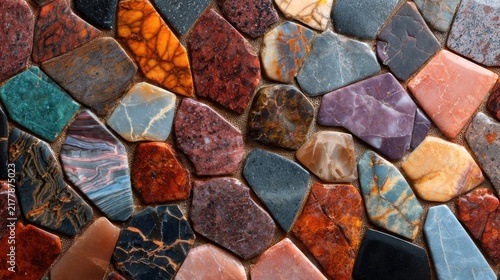 Colorful polished gemstone and mineral slabs collection flat lay arrangement